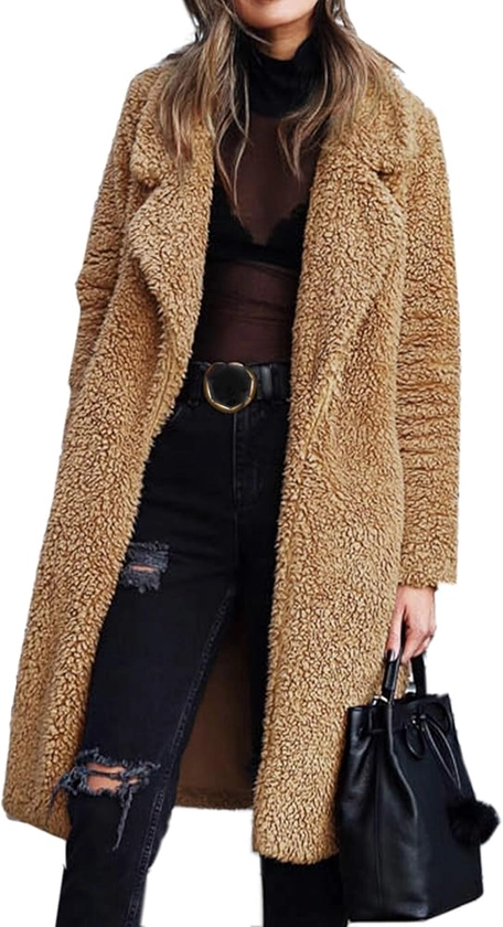 Angashion Women's Fuzzy Fleece Lapel Open Front Long Cardigan Coat Faux Fur Warm Winter Outwear Jackets Dark Camel M at Amazon Women's Coats Shop