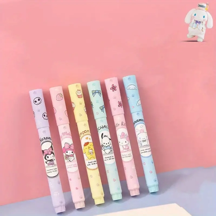 6pcs Set * Hello Kitty Melody Kuromi Cinnamoroll Cute Highlighter, High Beauty Color Pen Multi Functional Brush Pen, Exquisite Learning Stationer
