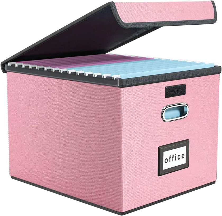 Finew Upgraded Portable File Organiser Box with Lid, Foldable Linen Hanging Filing Storage Boxes with Plastic Slide, Decorative Home/Office Filing System for File and Folders Storage (Pink) : Amazon.co.uk: Stationery & Office Supplies