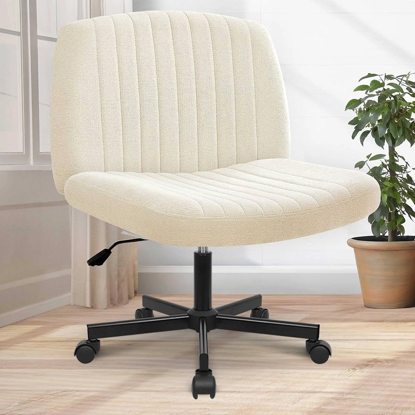 Orange Factory Criss Cross Chair with Wheels, Armless Cross Legged Office Desk Chair, Wide Comfy Vanity Rolling Swivel Modern Comfortable Fabric Computer Task Chairs for Home Office (Beige)