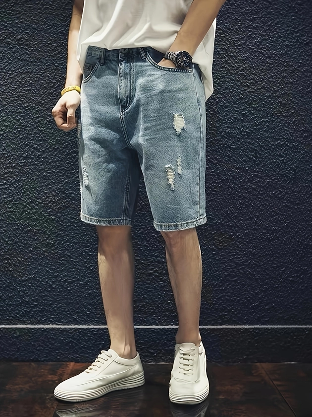 Men's Casual Denim Shorts, Distressed Ripped Design, Above Knee Length, Summer Fashion, Relaxed Fit Jean Shorts