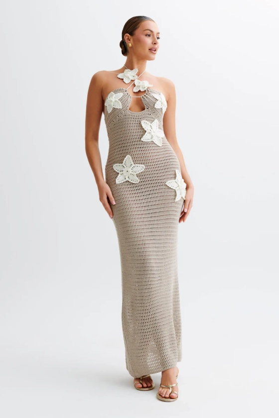 Kyla Floral Crochet Maxi Dress - Taupe/White