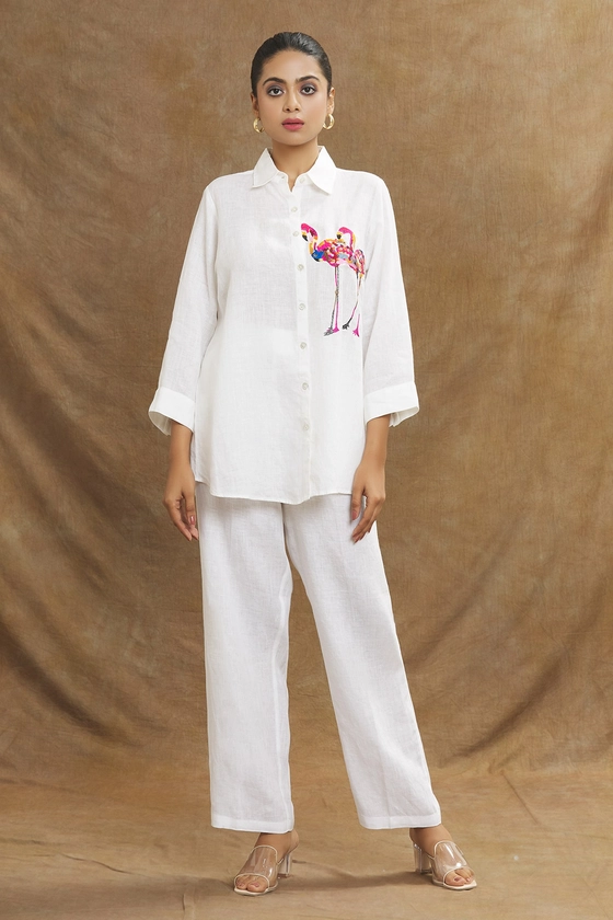 Linen Bloom - White 100% Linen Embroidery Flamingo Spread Collar Placement Shirt