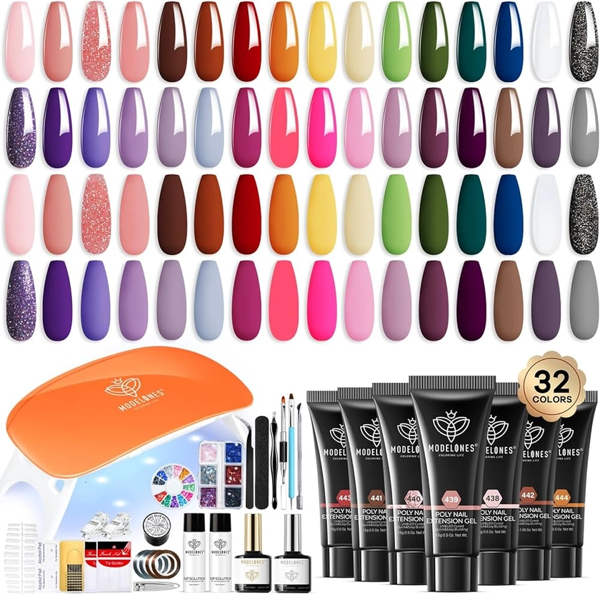 Amazon.com : Modelones 133pcs Poly Extension Gel Nail Kit, 32 Colors All Seasons Poly Nail Gel kit with Nail Lamp Slip Solution Builder Nail kits Manicure Tools Nail Forms for Starter Nail Art for Women : Beauty & Personal Care