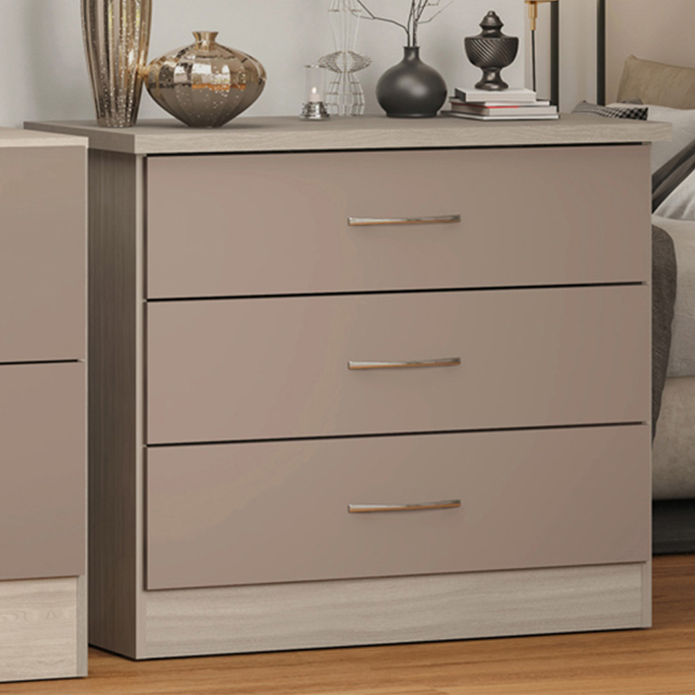 Seconique Nevada 3 Drawer Oyster Gloss and Light Oak Veneer Chest of Drawers | Wilko