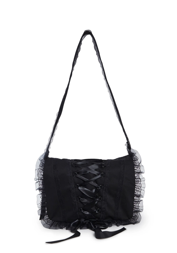 Widow Grunge Twill Ruffled Lace Corset Lace-Up Messenger Bag - Black