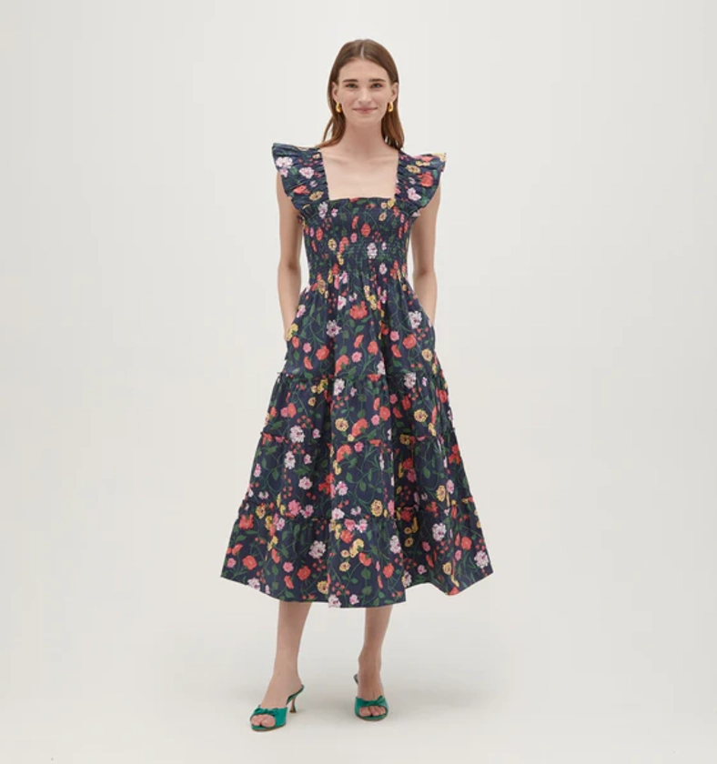 The Ellie Nap Dress - Navy Peony Bouquet Cotton Sateen