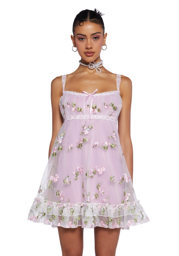 Sugar Thrillz Mesh Overlay Tank Dress With Embroidered Floral Designs Regencycore - Pink