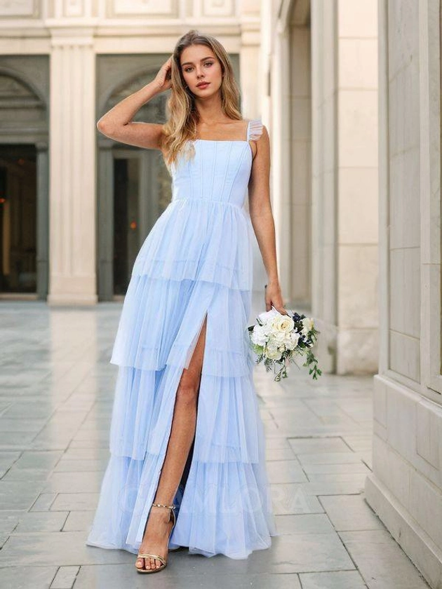 A-line Elegant Straps Floor-Length Tulle Corset Bridesmaid Dress With Slit