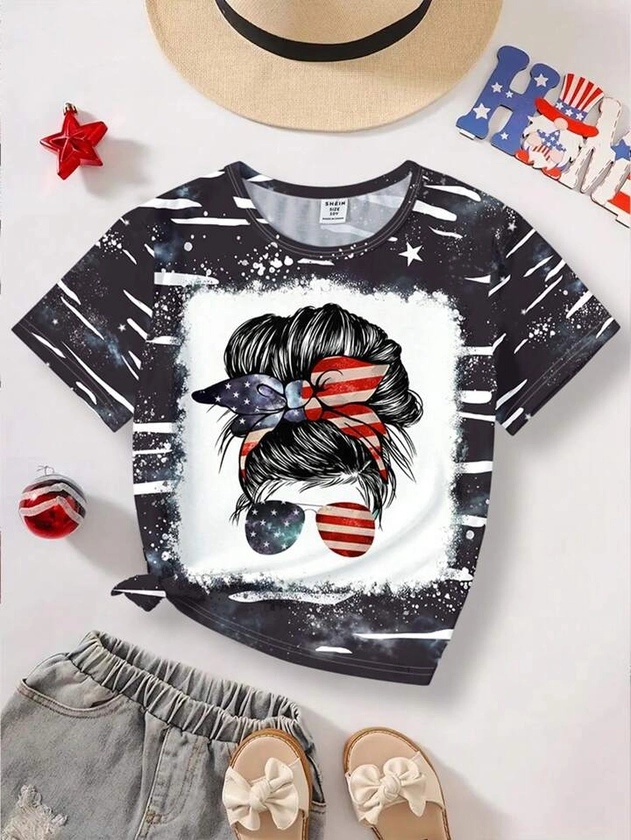 Tween Girl Casual Minimalist Portrait Printed Short Sleeve T-Shirt Suitable For Summer