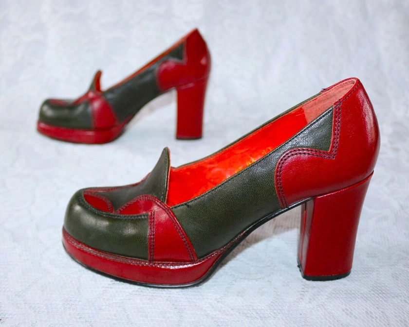 70s hippie shoes EU/DE size 34 35 platform leather boho slippers high heel pumps vintage green red