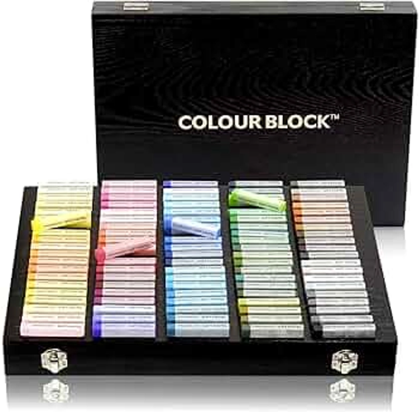 COLOUR BLOCK 100pc Wooden Case Soft Pastel Art Set for Beginners and Experienced Artists, Assorted Colors Square Chalk Pastels Art Supplies for Drawing, Blending, Shading