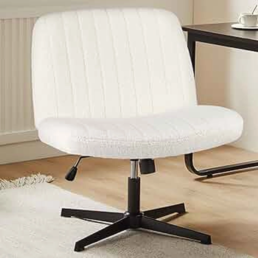 Sweetcrispy Criss Cross Chair Legged, Armless Office Desk Chair No Wheels, Swivel Vanity Chair, Height Adjustable Wide Seat Computer Task Chair, Fabric Vanity Modern Home Chair White