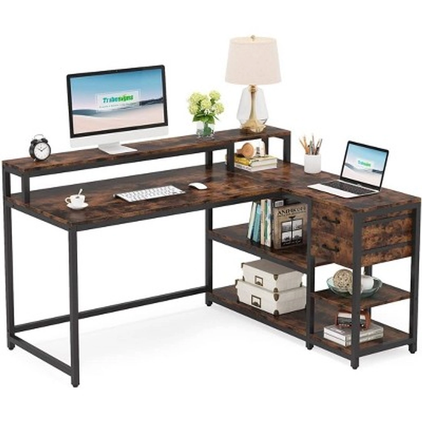 Tribesigns Reversible L-shaped Computer Desk with Drawer, Corner Desk Table with Storage Shelves and Monitor Stand for Home Office