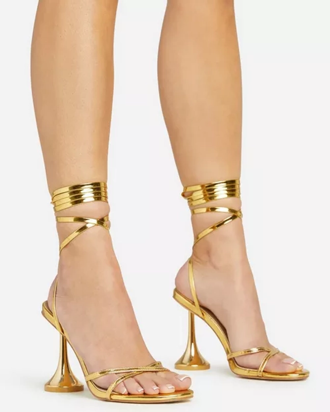 Ring-Top Strappy Lace Up Square Toe Sculptured Heel In Gold Faux Leather
