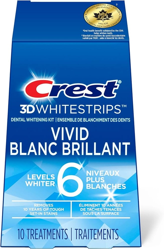 Crest 3D White Teeth Whitening Kit Whitestrips Classic Vivid 10 Treatments, 20 Individual Strips