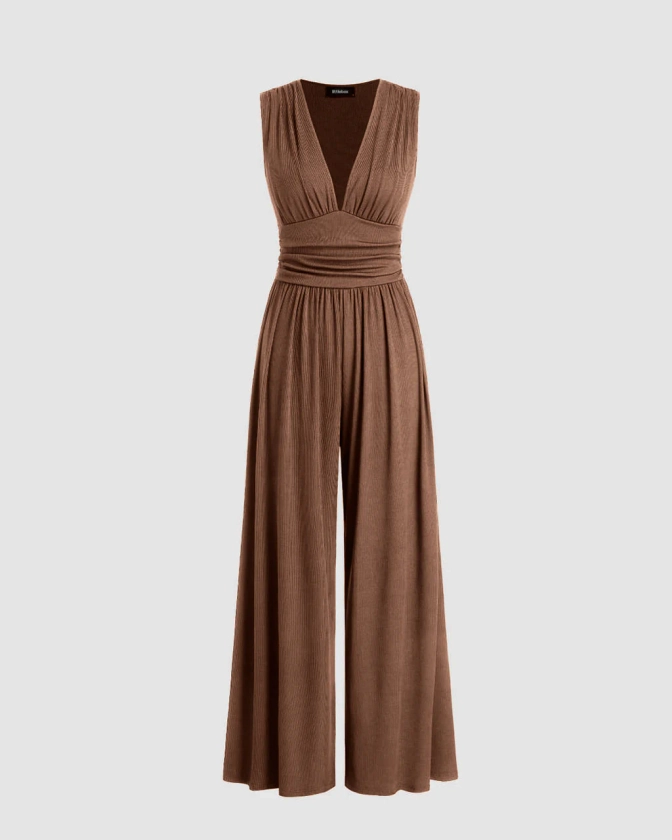 V-Neck Tie Back Wide Leg Brown Jumpsuit