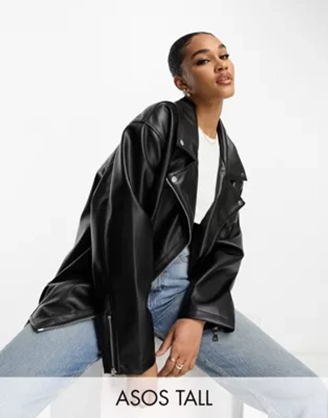 ASOS DESIGN Tall - Blouson style motard long et oversize en imitation cuir - Noir | ASOS