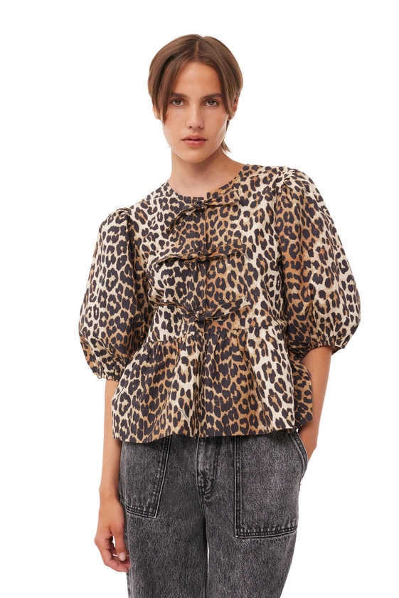 Leopard Cotton Poplin Peplum Tie Blouse | GANNI UK
