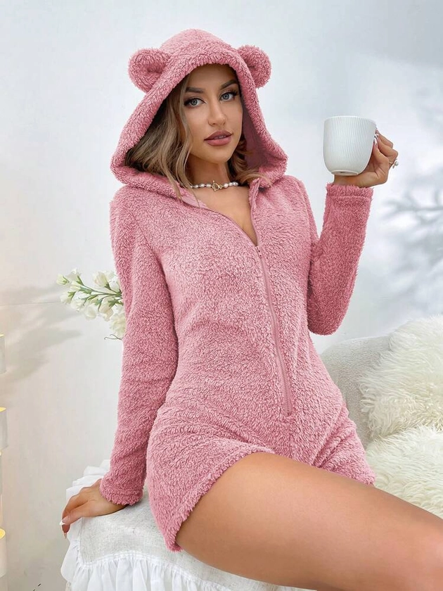 Women Solid Color Simplistic Daily Hooded Long Sleeve Jumpsuit