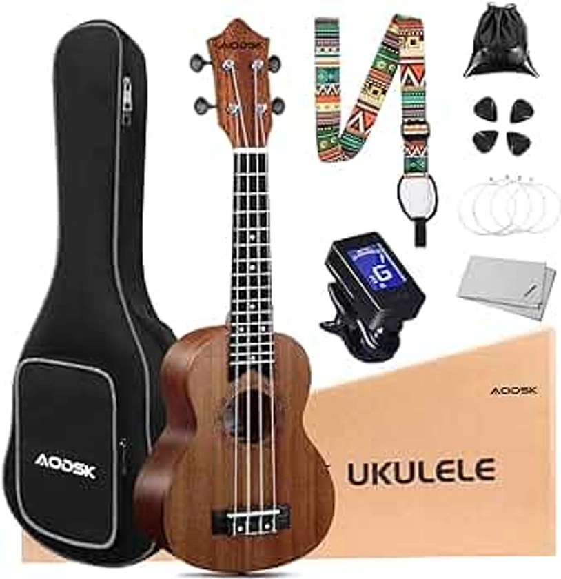 AODSK Soprano Ukulele for Beginner 21 Inch Ukelele Kit with Gig Bag StrapTuner Strings Picks Cloth Holiday Gift-Ukulele Lessons