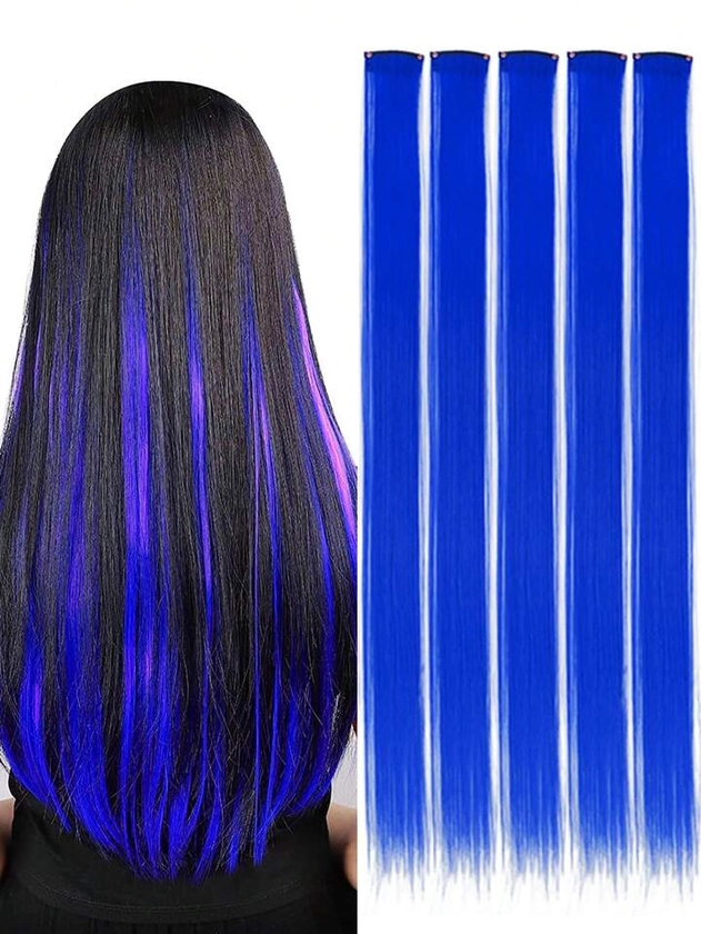 5 Pcs Sapphire Blue Clip In Hair Extensions 20 Inch Long Straight Hairpieces Clip In Synthetic, Halloween Cosplay Dress Up Fashion Party Christmas New Year Gift For Women Kids Girls