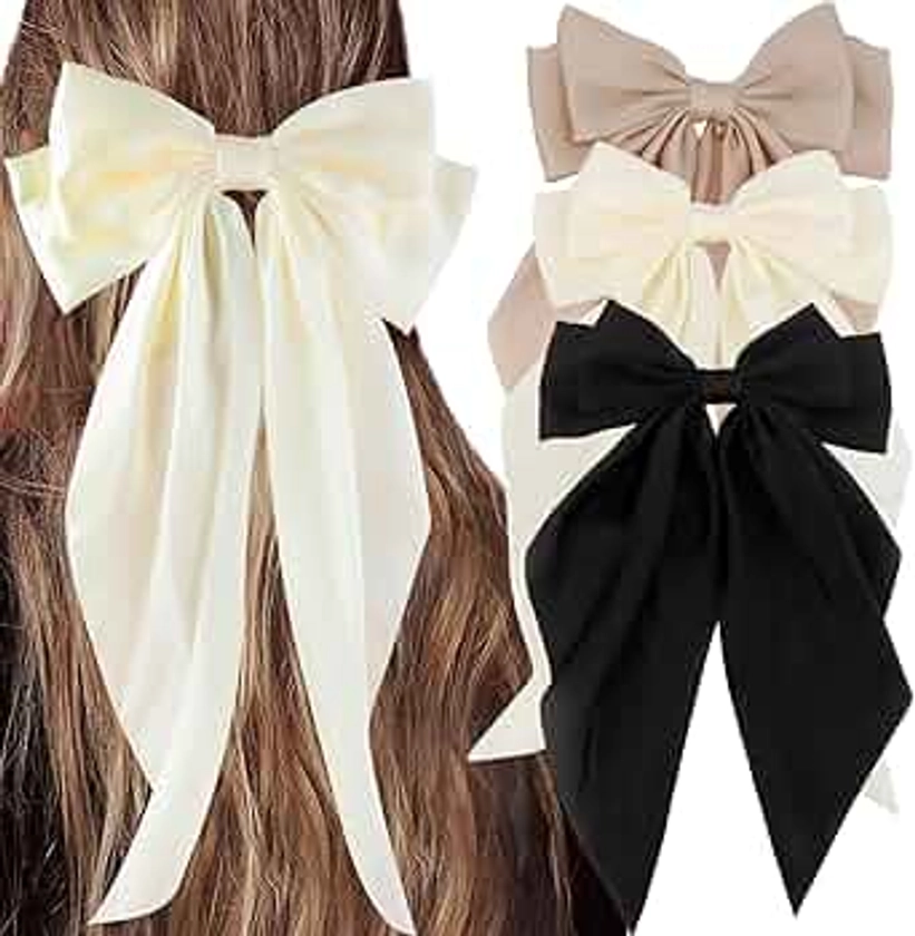 3Pcs Silky Satin Hair Bows for Women, Large Hair Barrettes, French Cute Hair Clips with Long Tails, Mexican Accessories (Beige, Khaki, Black)