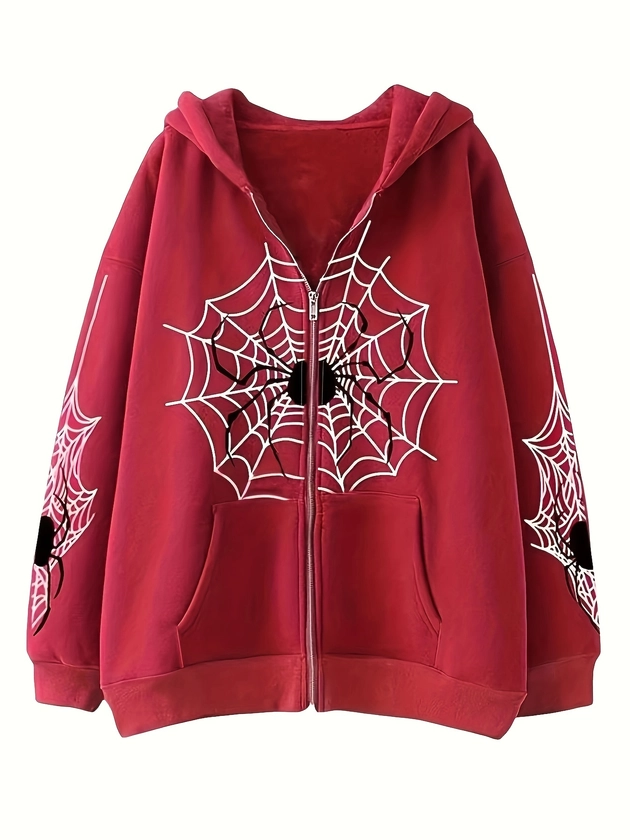Plus Size Casual Sweatshirt, Women&#39;s Plus Web &amp; Spider Print Zip Up Long Sleeve Drawstring Hooded Coat With Pockets
