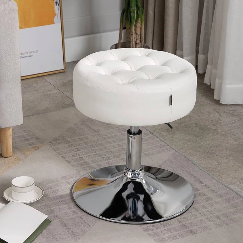 Amazon.com: Furniliving Mid-Century Tufted Adjustable Swivel Makeup Ottoman Stool; Modern Big Size Round Vanity Stool Chair for Bedroom Living Room (White) : Home & Kitchen