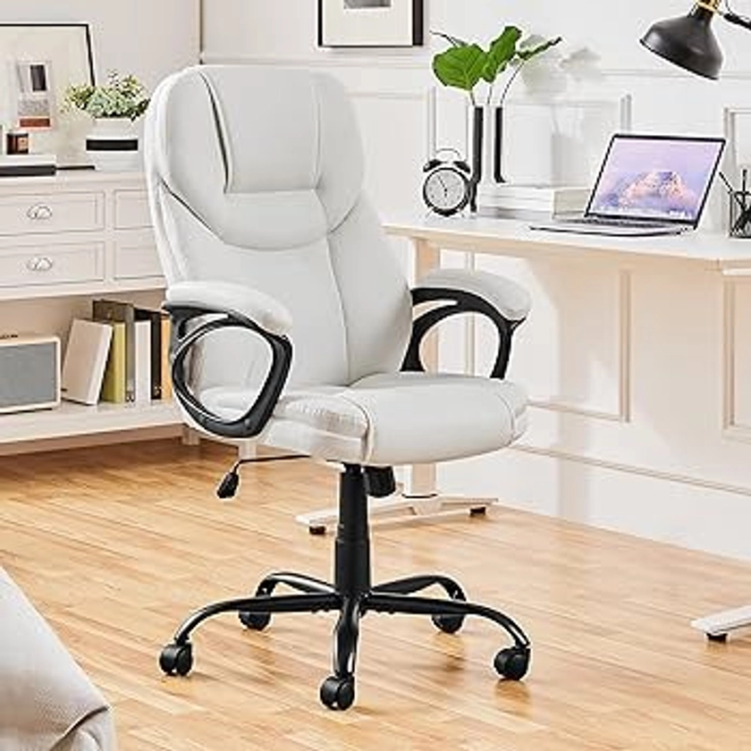 costoffs Faux Leather Executive Office Chair Height Adjustable Desk Chair Big Computer Swivel Chair with Sturdy Metal Base White