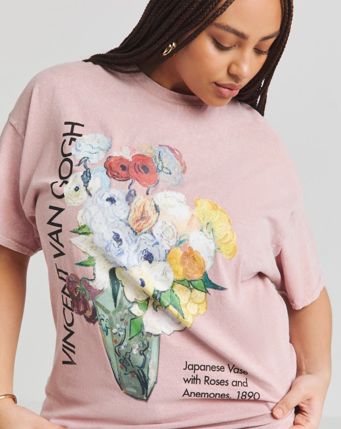Pink Acid Wash Van Gogh Flowers License T-Shirt