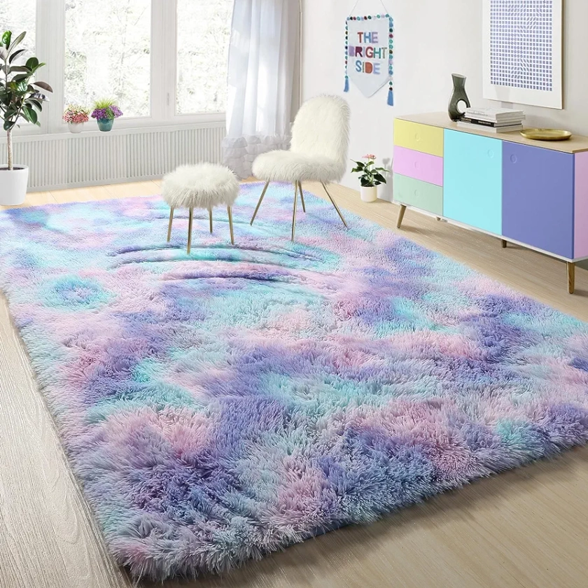 PAGISOFE Cute Furry Pastel Rug for Girls Bedroom, Soft Purple Shag Tent Rugs for Livingroom, Kids Room, Playroom, Nursery, Home Decor, Plush Mermaid Kawaii Rug, Fluffy Fuzzy Carpet, 4x6 Area Rug