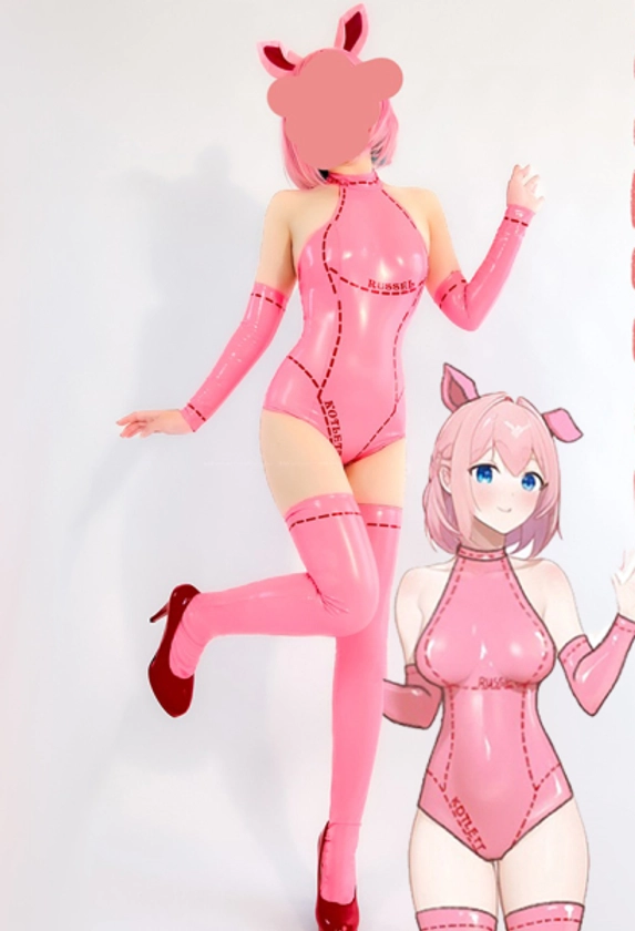 Cute Pig Sexy Lingerie Set Kawaii Pink Halter Bodysuit and Sleeves and Socks Headband