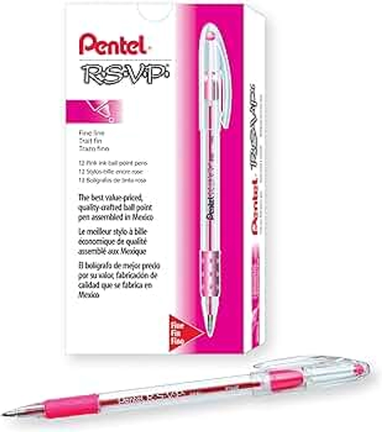 Pentel R.S.V.P. Ballpoint Pen, 0.7mm Fine Tip, Pink Ink, Box of 12 (BK90-P)