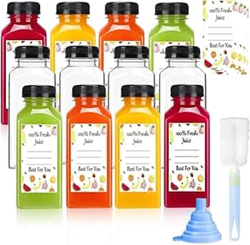 Lot de 12 mini bouteilles de jus en plastique avec bouchons pour jus et smoothies, bouteilles vides réutilisables avec étiquette, entonnoir et brosse, récipients à boissons en vrac avec couvercles