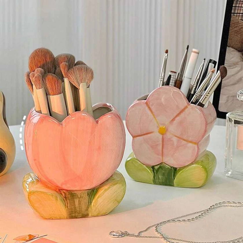 1pc Tulip Ceramic Pen Holder, Makeup Brush Storage Jar, Ceramic Desk Decoration, Office Desk Storage Box, Stationery Storage Barrel, Cosmetic Organizer, Beauty Salon Decoration | SHEIN UK