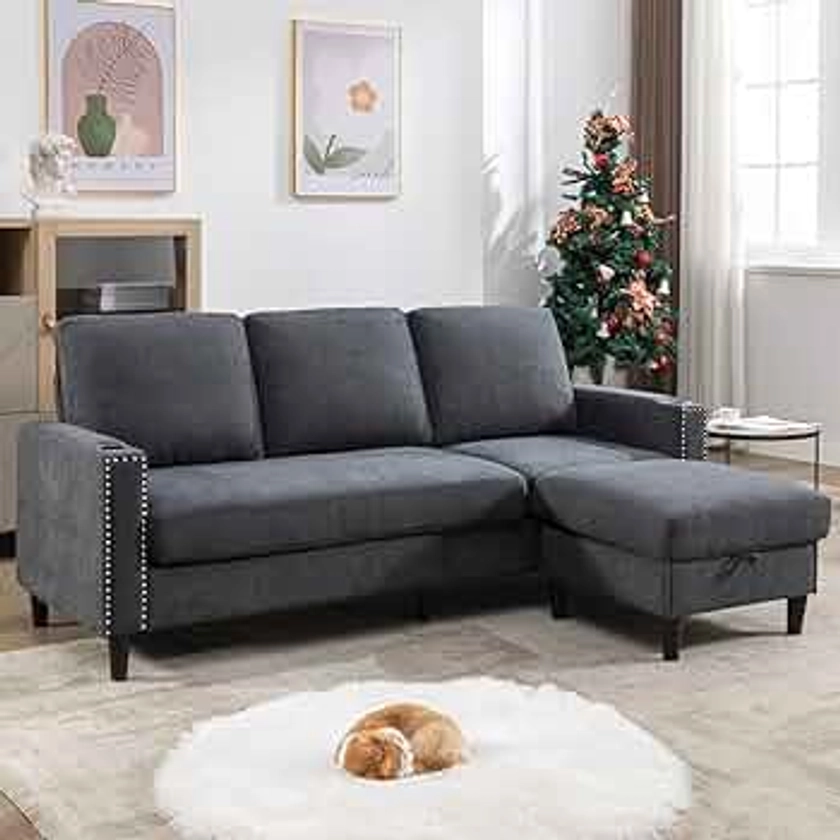 Siiejia Convertible Sectional Couches for Living Room, L-Shaped Couch 3 Seats Sofas with Storage Chaise & 2 Cup Holders, Small Sofa for Apartment, Compact Spaces, Dark Grey