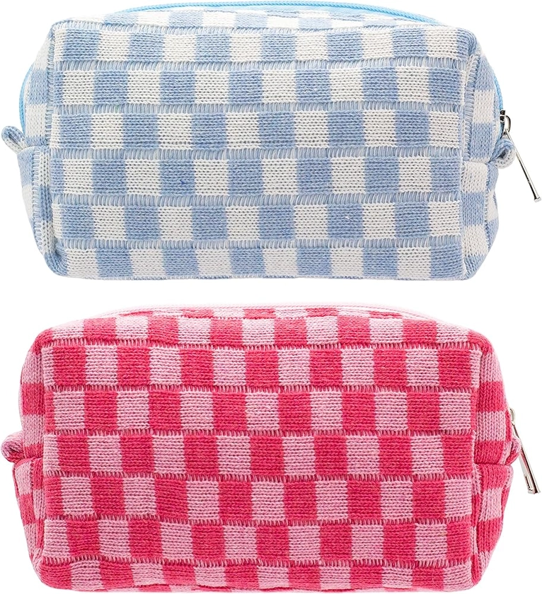 PAZIMIIK Checkered Makeup Bag for Purse Portable Zipper Make Up Pouch Small Cosmetic Case for Travel Accessories (2PCS Blue Hotpink)