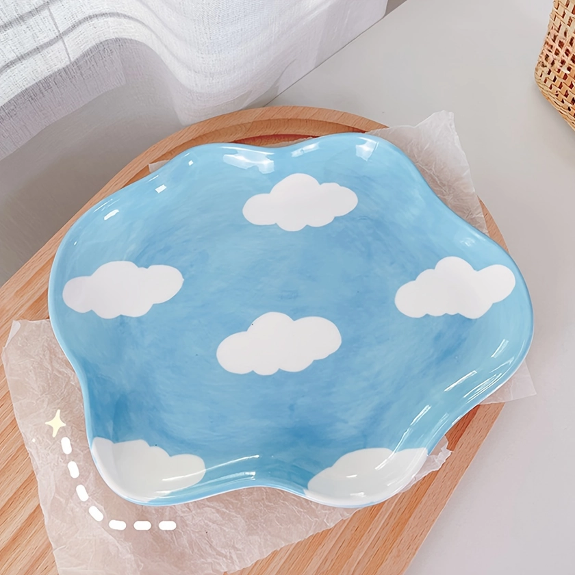Charming Blue Sky & Clouds Ceramic Plate - Perfect For Breakfast, Desserts & Cakes | Cute Cartoon Design