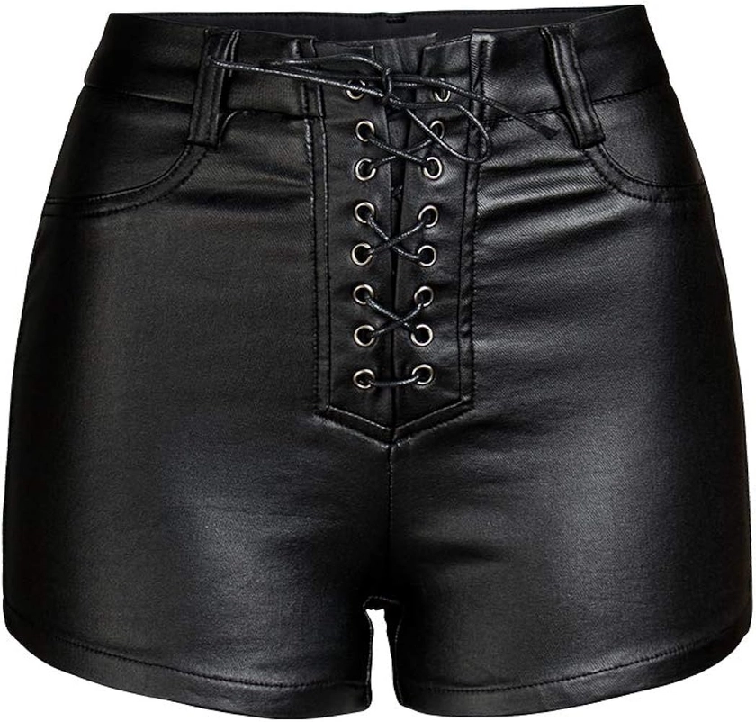 NASUN Womens High Waisted Faux Leather Shorts Drawstring Sexy PU Leather Short HS022 S Black | Amazon.com