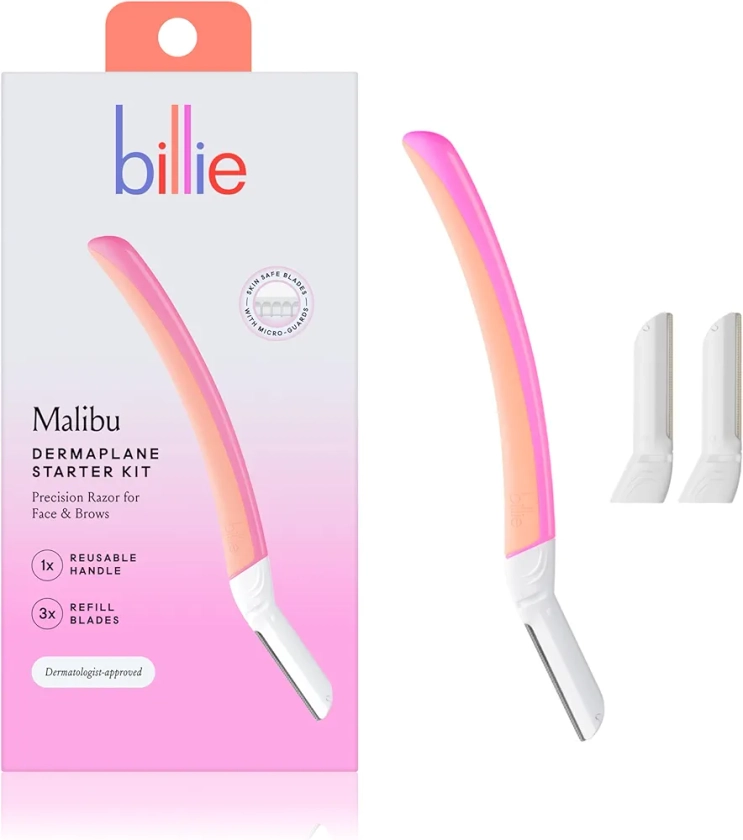 Billie - Dermaplane Starter Kit - Reusable Handle + 3 Refill Blades - Remove Facial Hair + Perfectly Shape Brows - Dermatologist-Approved - Malibu