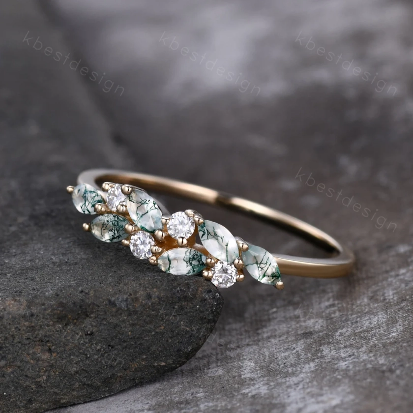 Moss Agate Cluster Wedding Band Unique Marquise Cut Moss Agate Wedding Band Vintage Moissanite Ring Solid Gold Ring Anniversary Gift - Etsy Canada