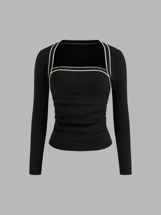 Knit Square Neck Solid Contrasting Binding Ruched Long Sleeve Top