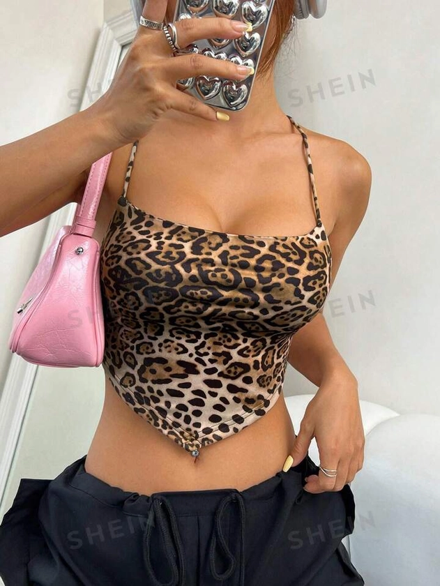 SHEIN EZwear Women's Leopard Print Crossed Back Knotted Spaghetti Strap Tank Top