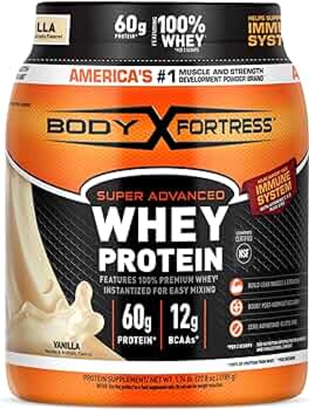 Body Fortress Super Advanced Whey Protein Powder, Vanilla, 60g Protein & 12g BCAAs Per 2 Scoops, Muscle Gain & Recovery, Immune Support with Vitamins C & D, 1.74lbs (Packaging May Vary)