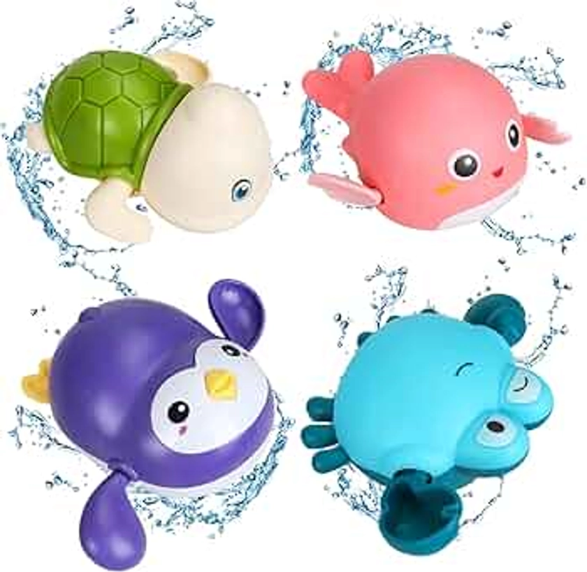 Jouet Bain Bébé, 4 Pièces Animaux Jouets Flottants, Jeux de Bain à Remonter Tortue Delfin Crabe Manchot, Salle de Bain Jouets, Jeux de Bain pour Bebe Enfant 1 2 3 Ans, Jouets de Douche Filles Garçons