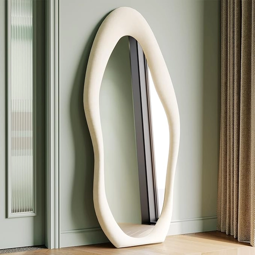 Irregular Wavy Mirrors Full Length 160x60cm,Arched Floor Standing Mirrors for Bedroom,Living room,Flannel Wrapped Wooden Frame Wall Mirror,White