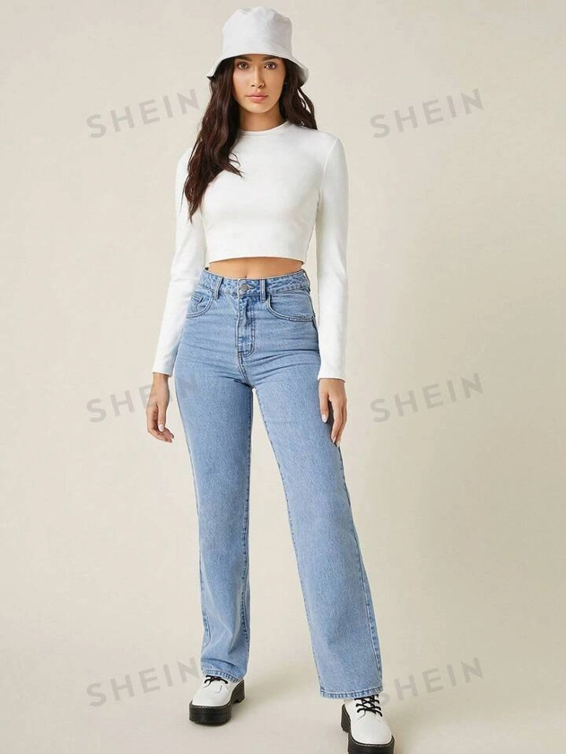 SHEIN BASICS Solid Round Neck Long Sleeves Crop Tee | SHEIN USA