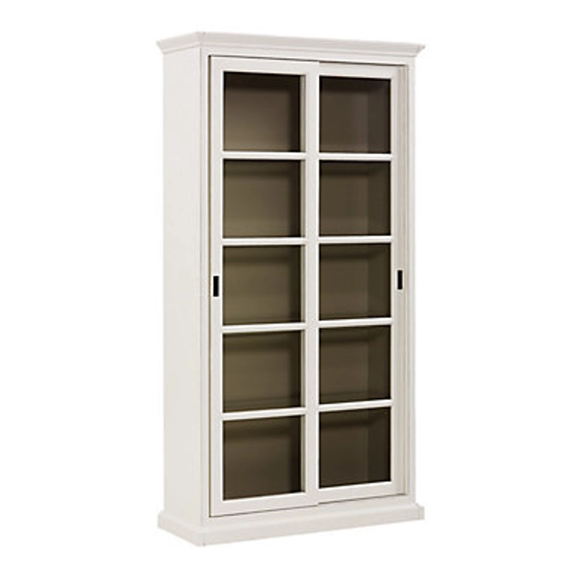 Cortona Tall Bookcase with Sliding Glass Doors & Touch Lighting in Rubbed White Finish