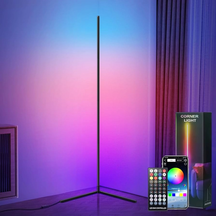 Corner Floor Lamp, 61" RGB Led Floor Lamp, Dimmable Ambient Lighting Corner Lamp, Music and Voice Sync, Color Changing Lamp with Bluetooth App and Remote Control for Living Room, Bedroom, Gaming Room